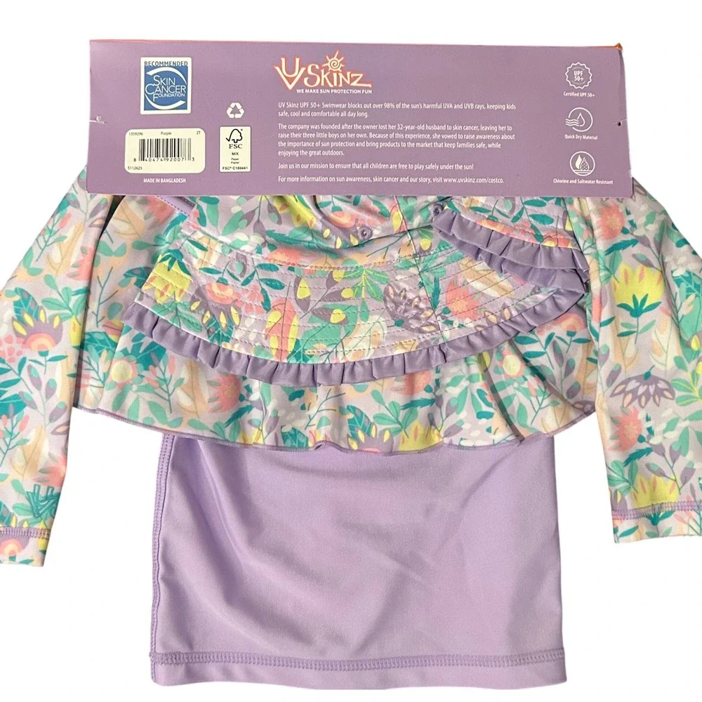 NWT UV Skinz Girls 2T Purple Unicorn 3pc Swimwear Set UPF‎ 50+ Rash Guard Hat